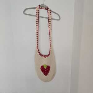 Crochet Strawberry Bag Cream & Red Trim Crossbody Cottagecore Boho Purse